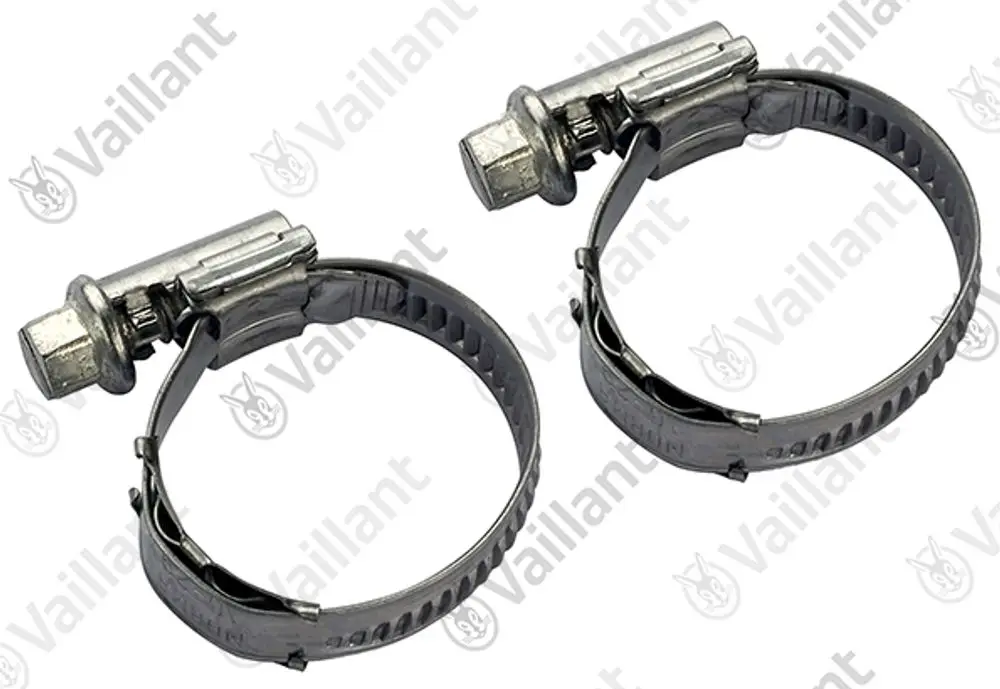 Zwei metallische Rohrschellen mit Schraubverschluss von Vaillant, zur Befestigung von Rohren oder Schläuchen, auf heller Hintergrund.